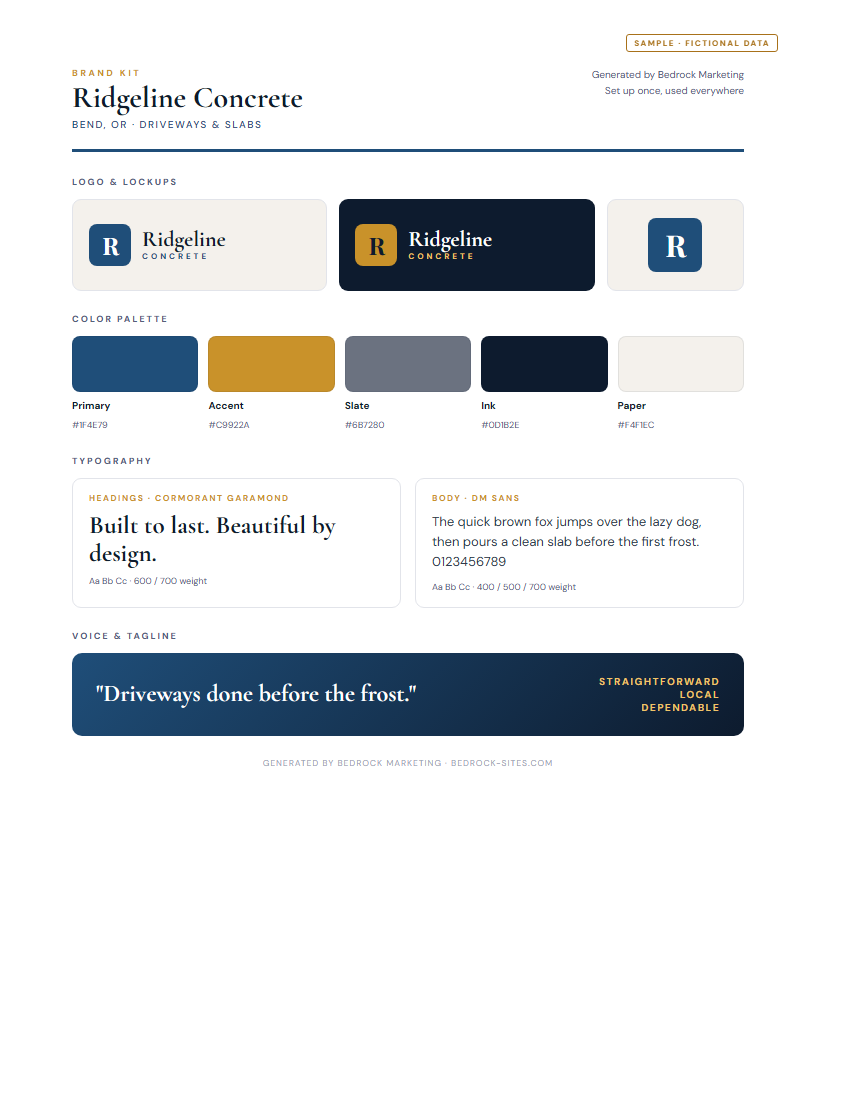 A sample brand kit generated by Bedrock Marketing (fictional Ridgeline Concrete data)